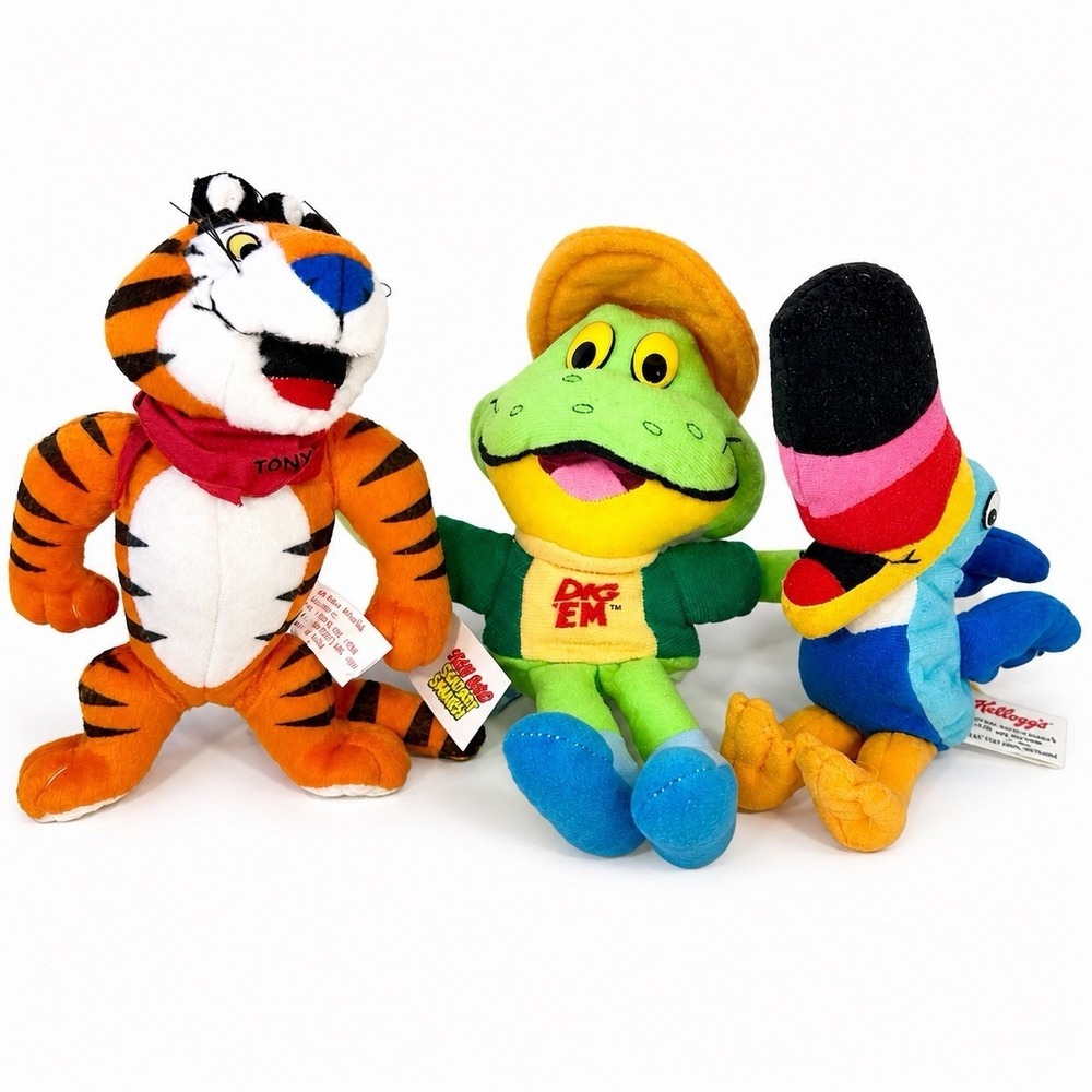 Vtg 1997 Kelloggs Breakfast Brunch Plush Tony Tiger Dig Em Frog Toucan Sam Set 3